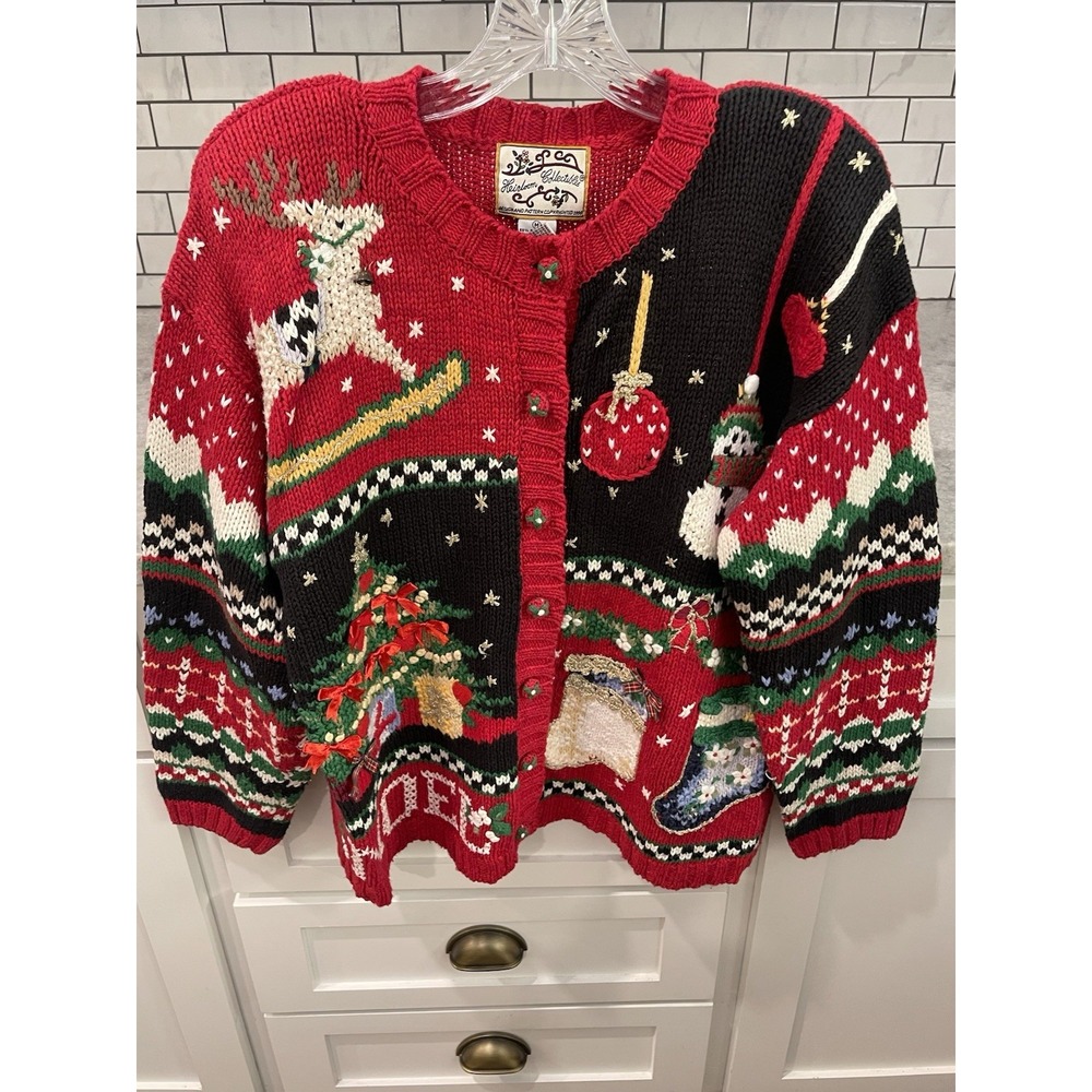 Heirloom Collectible Christmas Cardigan Womens M Red Tree Noel Holiday VTG